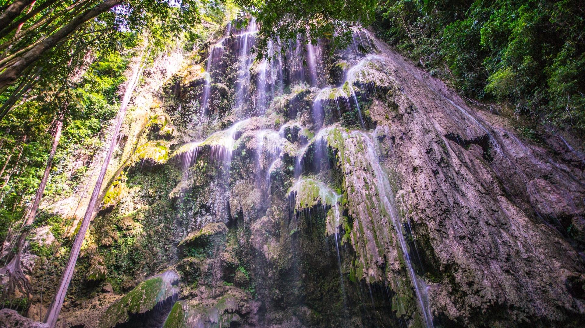 Tumalog Falls in Oslob, Cebu is a breathtaking curtain-like waterfall surrounded by lush forest.